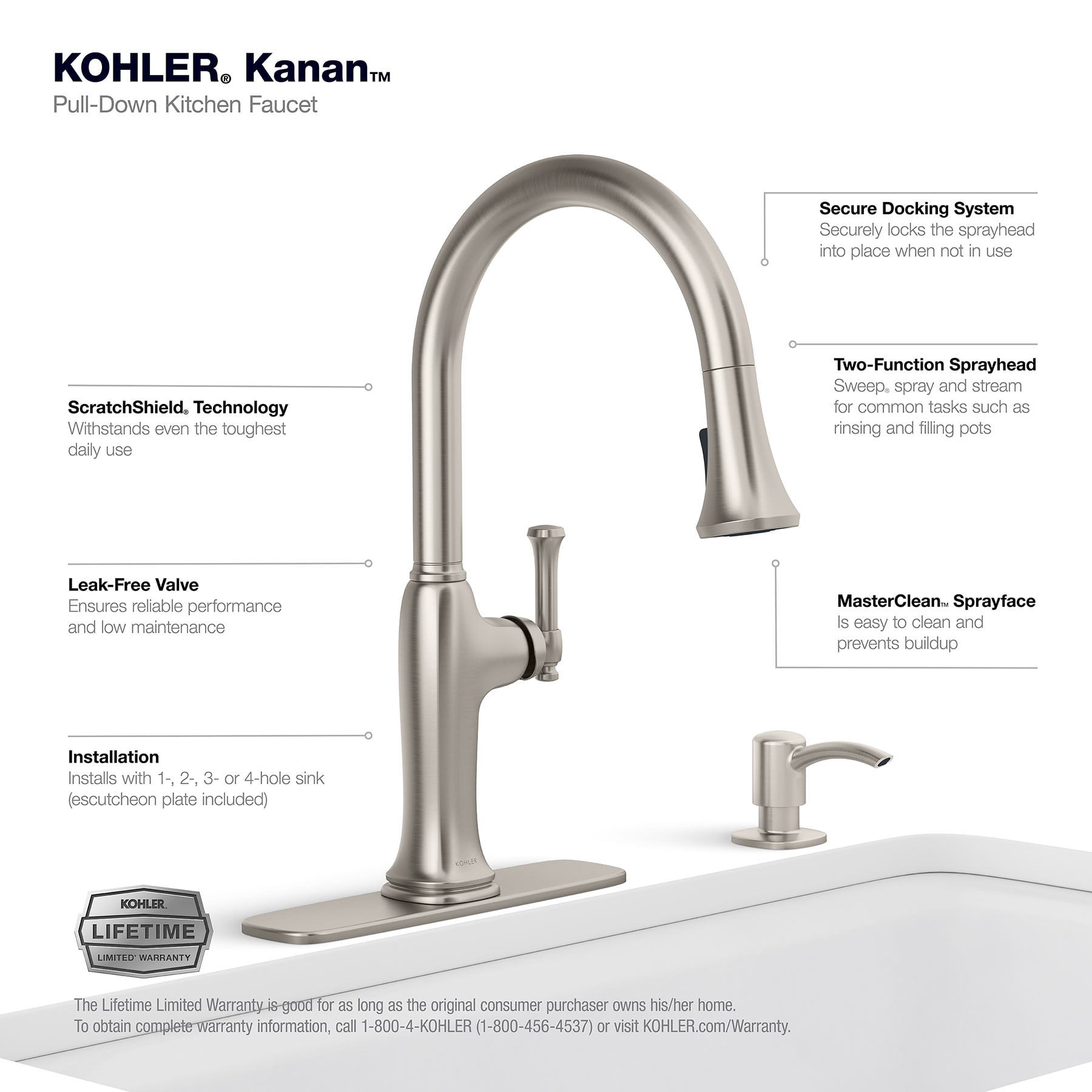 KOHLER Kanan Vibrant Stainless Double Handle Deck-mount Pull-down Kitchen Faucet with Sprayer ( Deck Plate Included ) (Soap Dispenser Included)