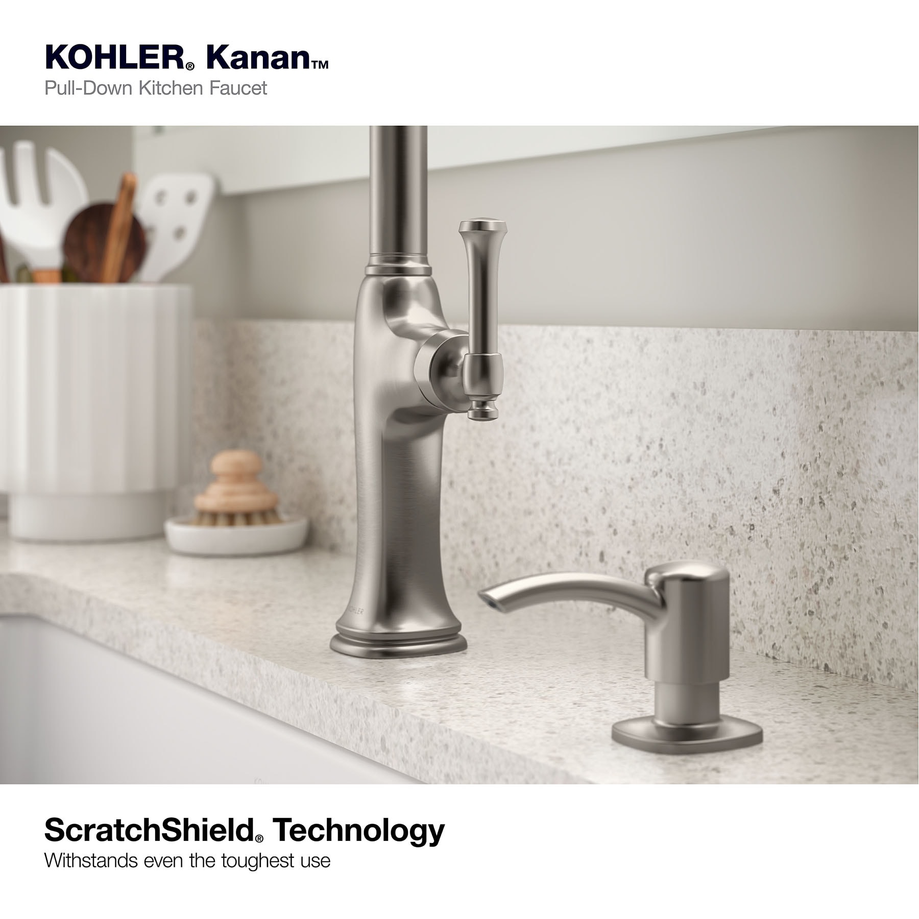 KOHLER Kanan Vibrant Stainless Double Handle Deck-mount Pull-down Kitchen Faucet with Sprayer ( Deck Plate Included ) (Soap Dispenser Included)