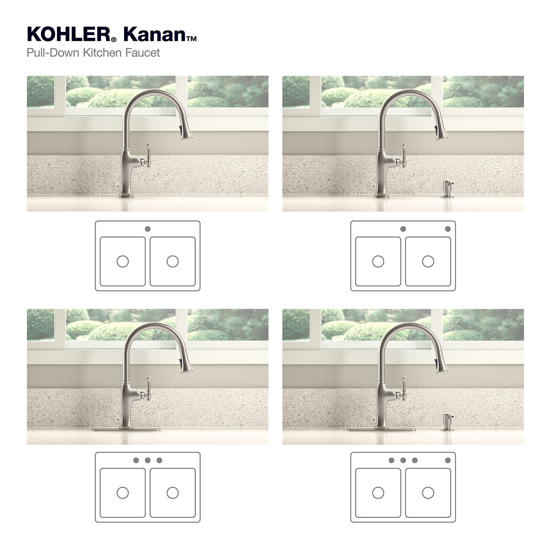 KOHLER Kanan Vibrant Stainless Double Handle Deck-mount Pull-down Kitchen Faucet with Sprayer ( Deck Plate Included ) (Soap Dispenser Included)