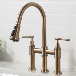 Kraus Allyn Brushed Gold Double Handle Deck-mount Bridge Kitchen Faucet with Sprayer