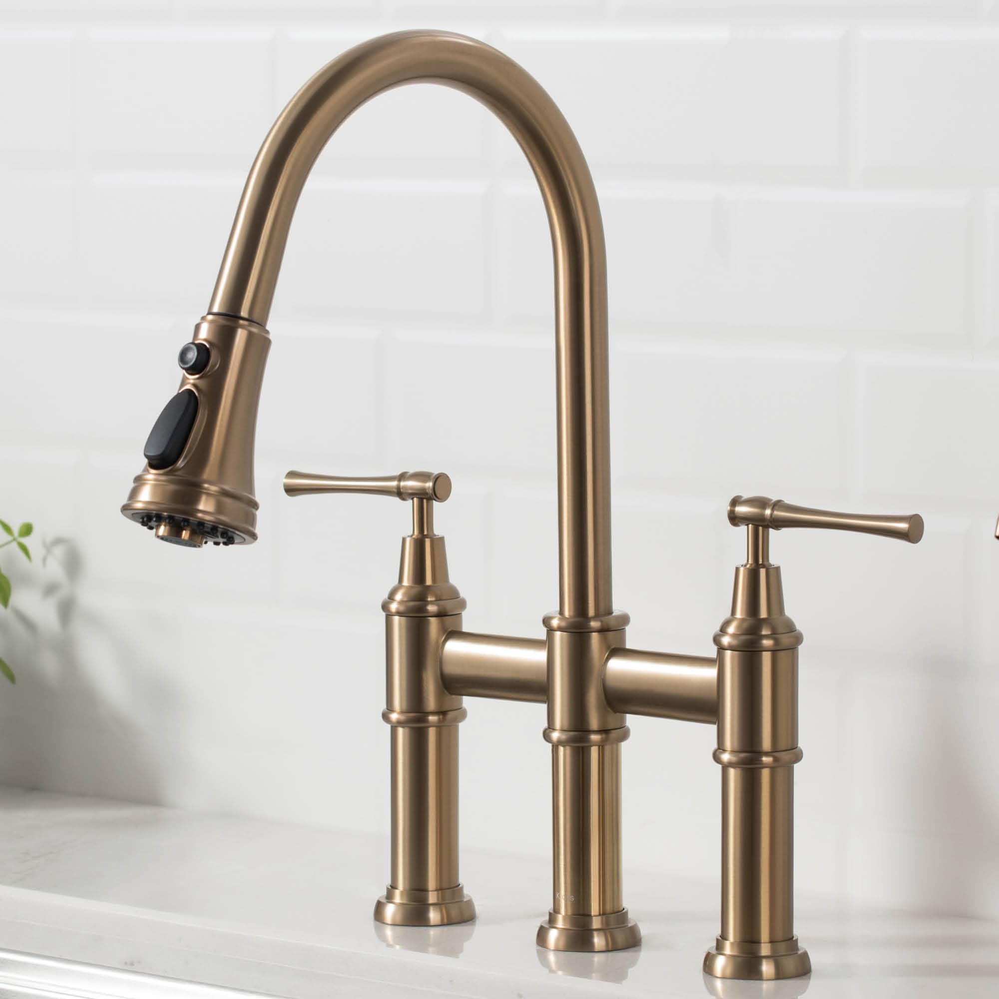 Kraus Allyn Brushed Gold Double Handle Deck-mount Bridge Kitchen Faucet with Sprayer