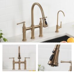 Kraus Allyn Brushed Gold Double Handle Deck-mount Bridge Kitchen Faucet with Sprayer