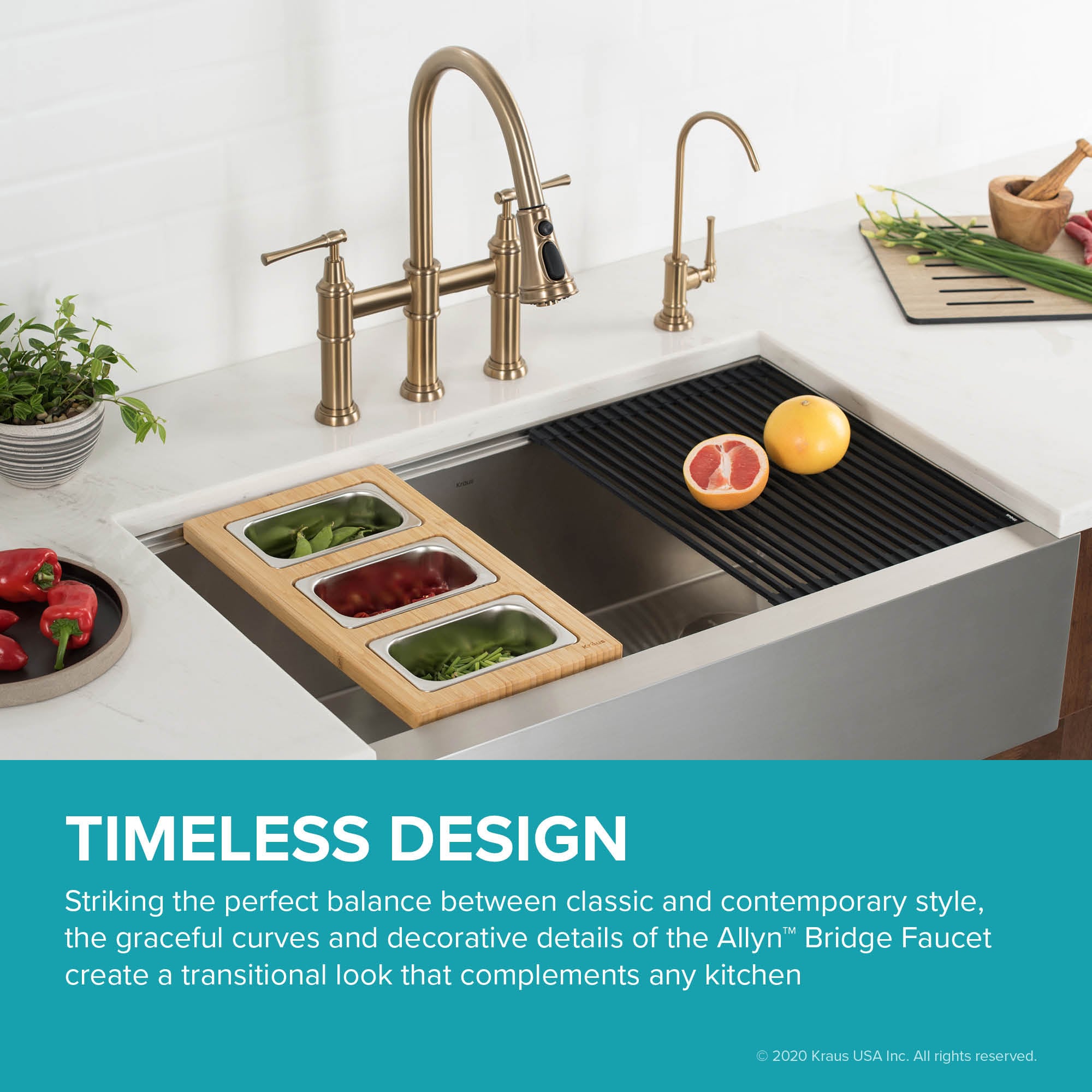 Kraus Allyn Brushed Gold Double Handle Deck-mount Bridge Kitchen Faucet with Sprayer