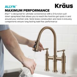 Kraus Allyn Brushed Gold Double Handle Deck-mount Bridge Kitchen Faucet with Sprayer