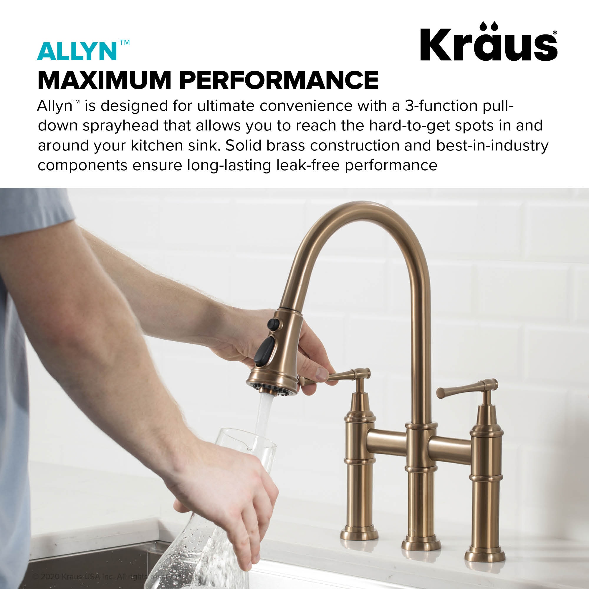 Kraus Allyn Brushed Gold Double Handle Deck-mount Bridge Kitchen Faucet with Sprayer