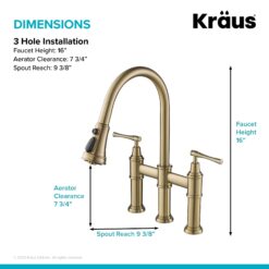 Kraus Allyn Brushed Gold Double Handle Deck-mount Bridge Kitchen Faucet with Sprayer