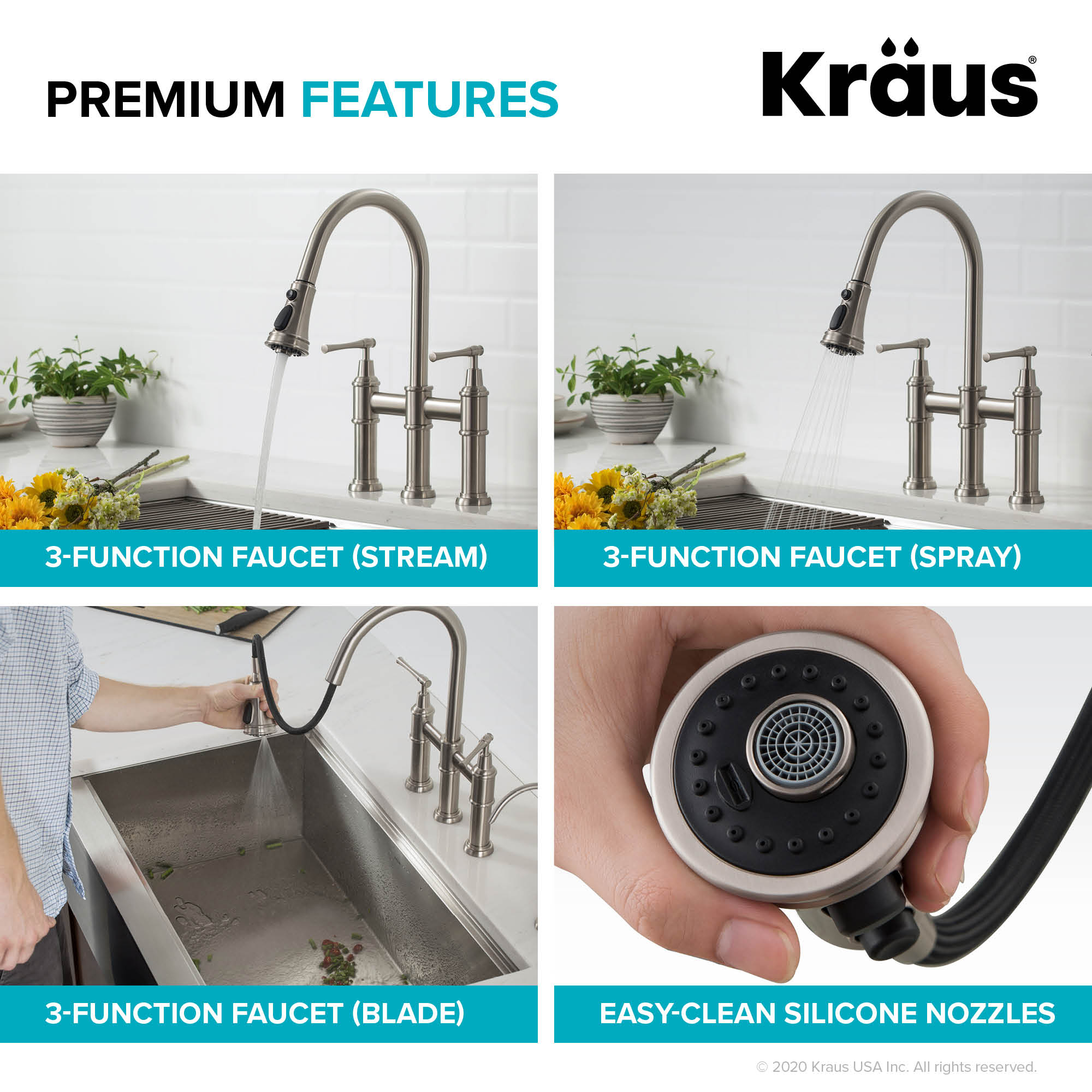 Kraus Allyn Brushed Gold Double Handle Deck-mount Bridge Kitchen Faucet with Sprayer