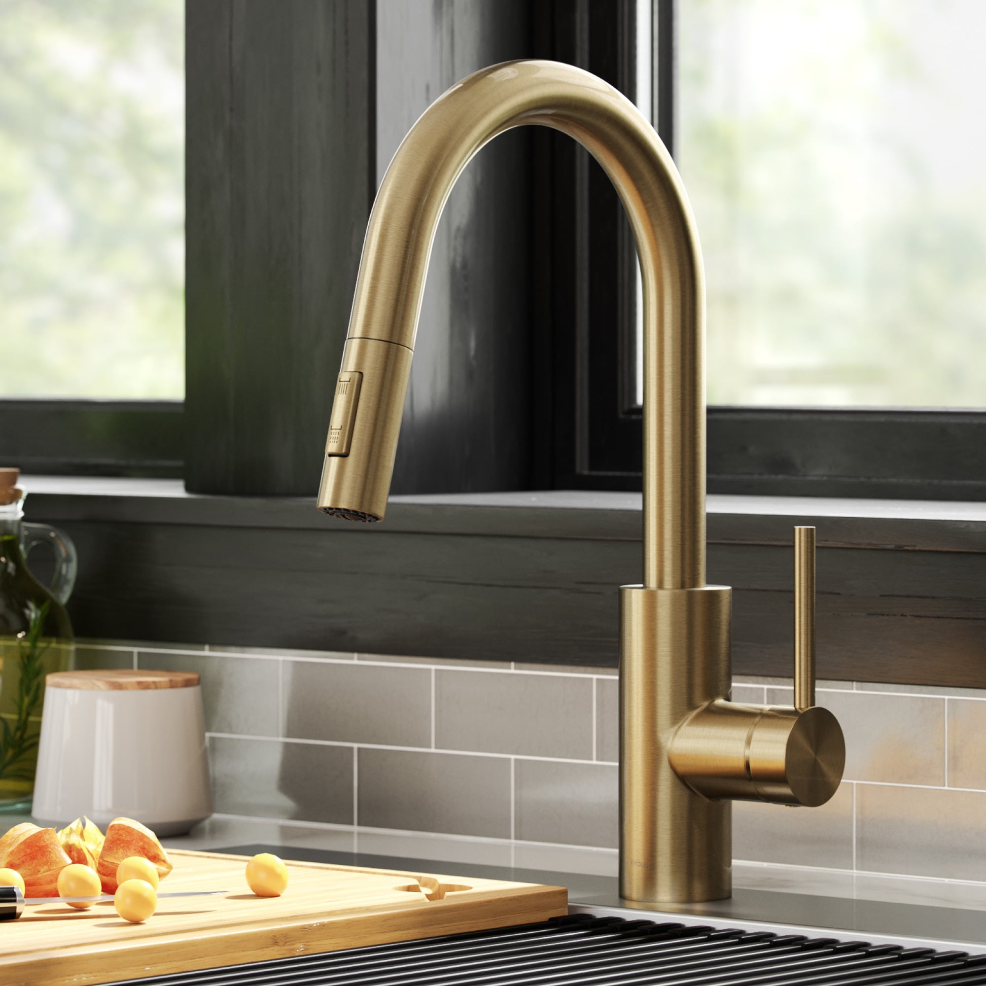 Kraus Oletto Spot Free Antique Champagne Bronze Single Handle Deck-mount Pull-down Kitchen Faucet with Sprayer ( Deck Plate Included )