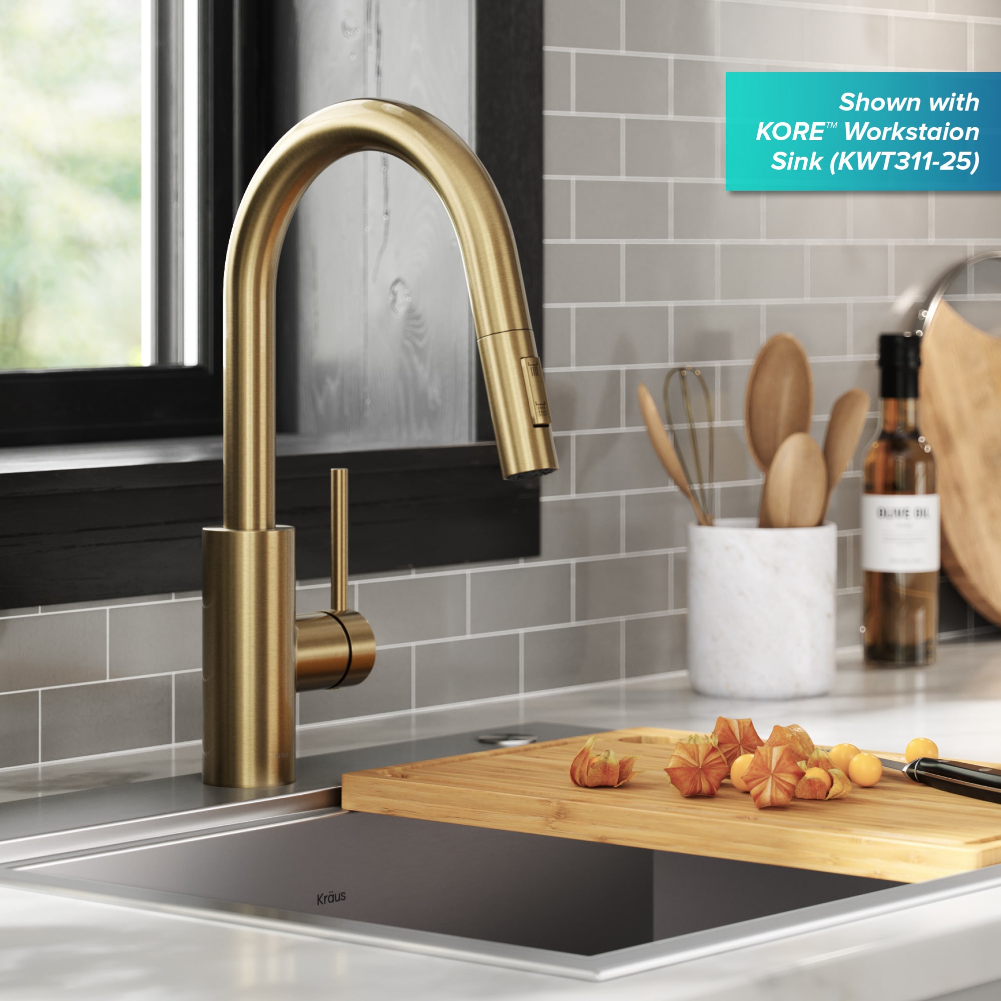 Kraus Oletto Spot Free Antique Champagne Bronze Single Handle Deck-mount Pull-down Kitchen Faucet with Sprayer ( Deck Plate Included )