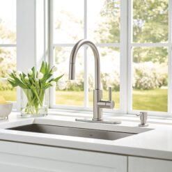 allen + roth Harlow Spot Free Stainless Steel Single Handle Deck-mount Pull-down Kitchen Faucet with Sprayer ( Deck Plate Included ) (Soap Dispenser Included)