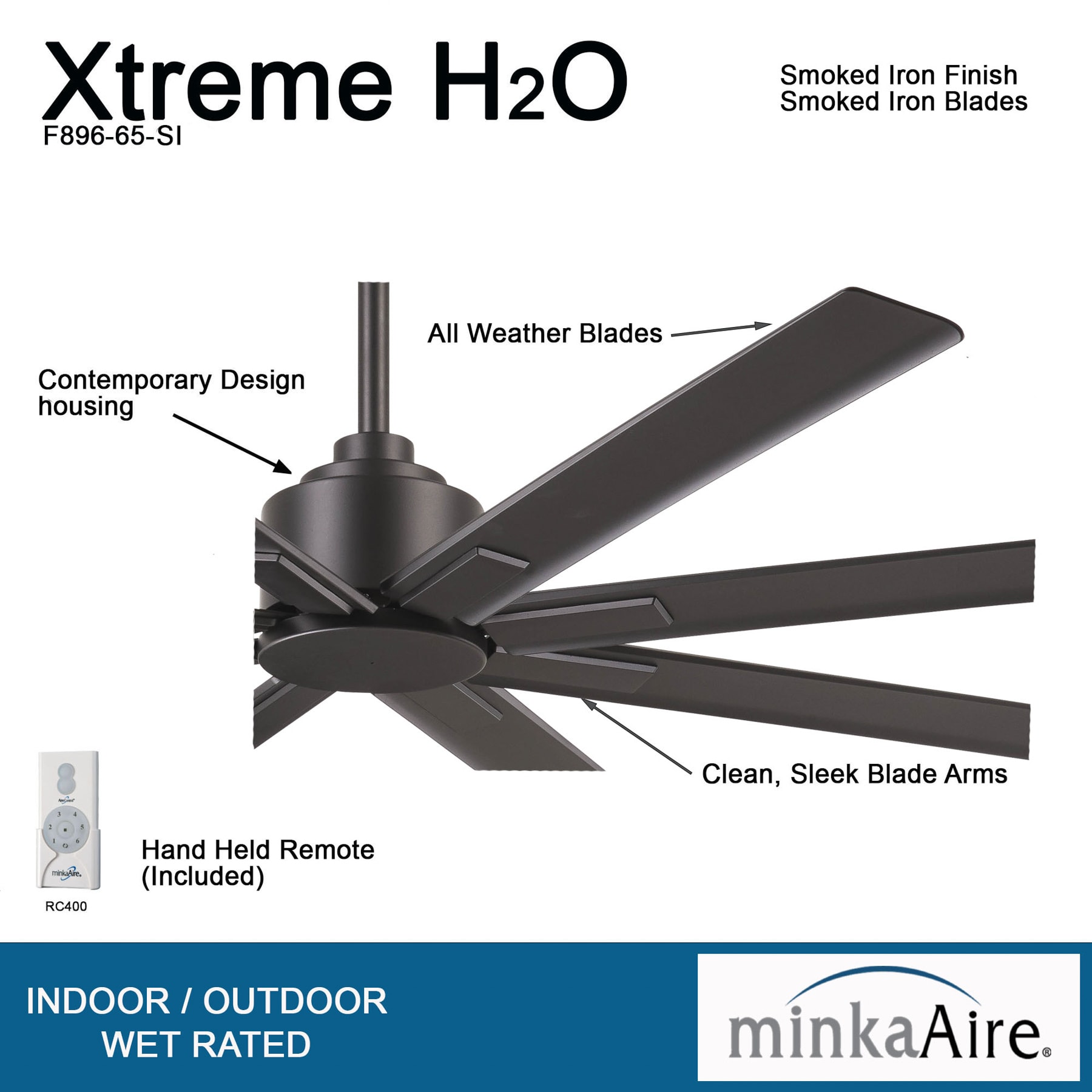 Minka Aire Xtreme H2O 65 65-in Outdoor Smoked Iron with Smoked Iron Blades Ceiling Fan Light Kit Compatible - Remote Included ( 8 -Blade )