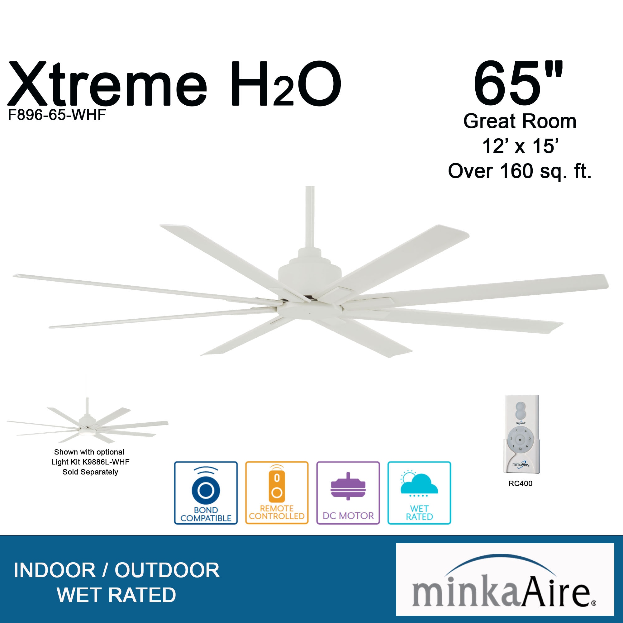 Minka Aire Xtreme H2O 65 65-in Outdoor Flat White with Flat White Blades Ceiling Fan Without Light - Remote Included ( 8 -Blade )