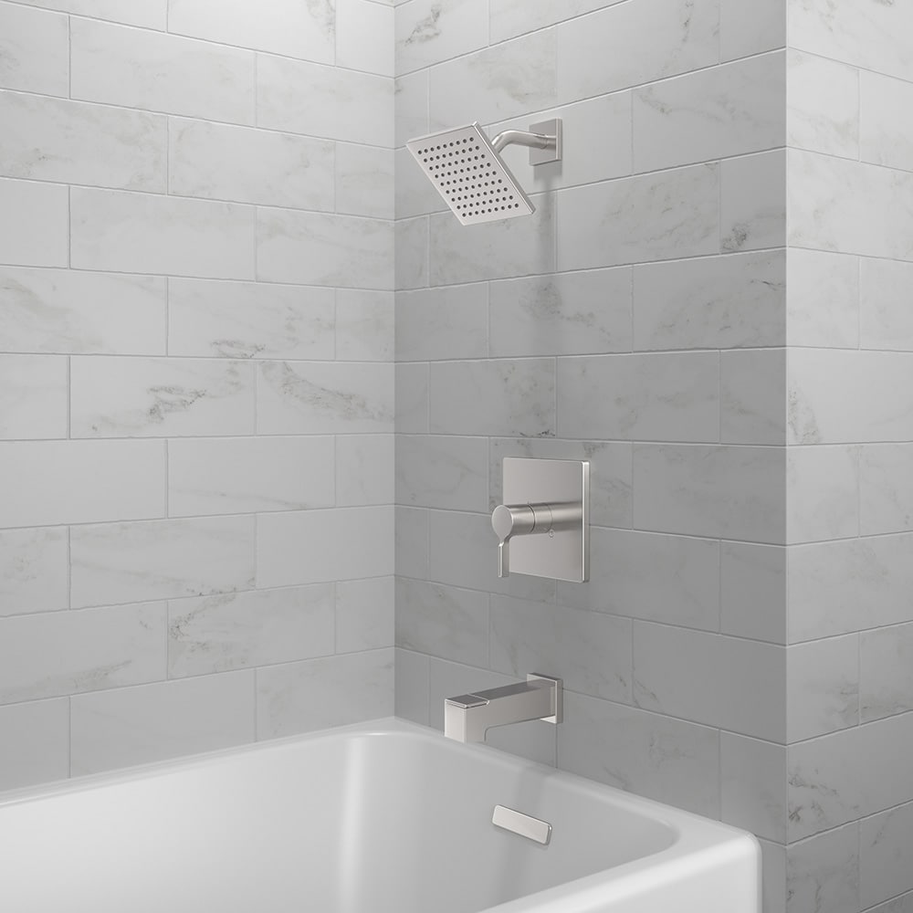 Origin 21 Veda Brushed Nickel 1-handle Single function 6-in Square Bathtub and shower Faucet with Valve