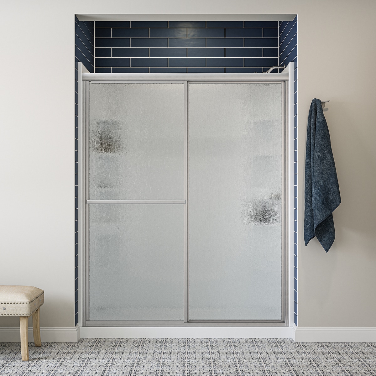 Sterling Deluxe Silver 54-in to 60-in W x 70-in H Framed Bypass Sliding Shower door 1/8-in Thick Rain Glass