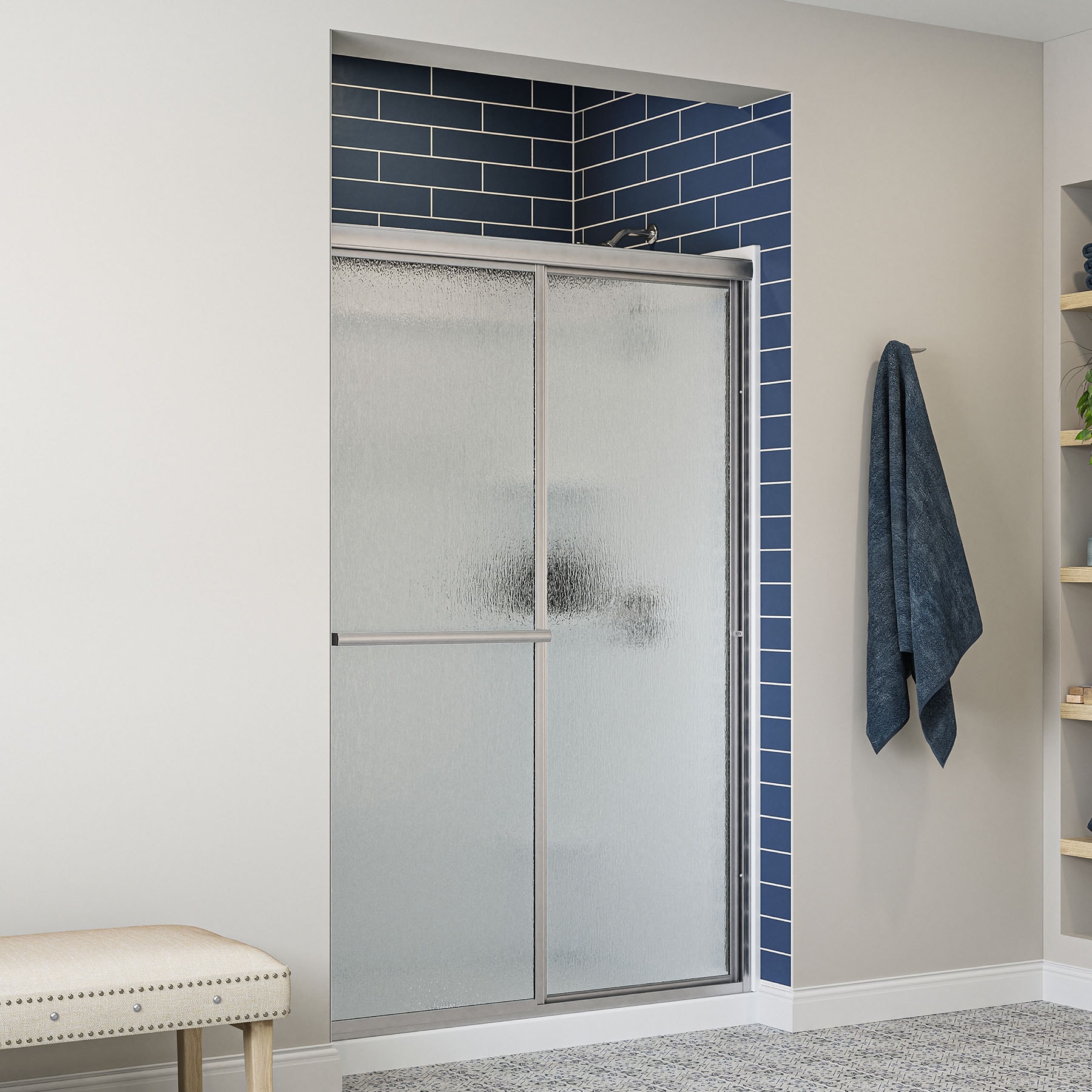 Sterling Deluxe Silver 54-in to 60-in W x 70-in H Framed Bypass Sliding Shower door 1/8-in Thick Rain Glass