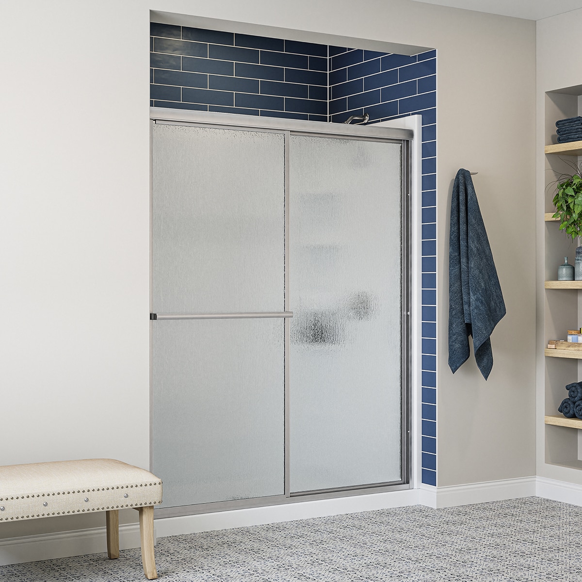 Sterling Deluxe Silver 54-in to 60-in W x 70-in H Framed Bypass Sliding Shower door 1/8-in Thick Rain Glass