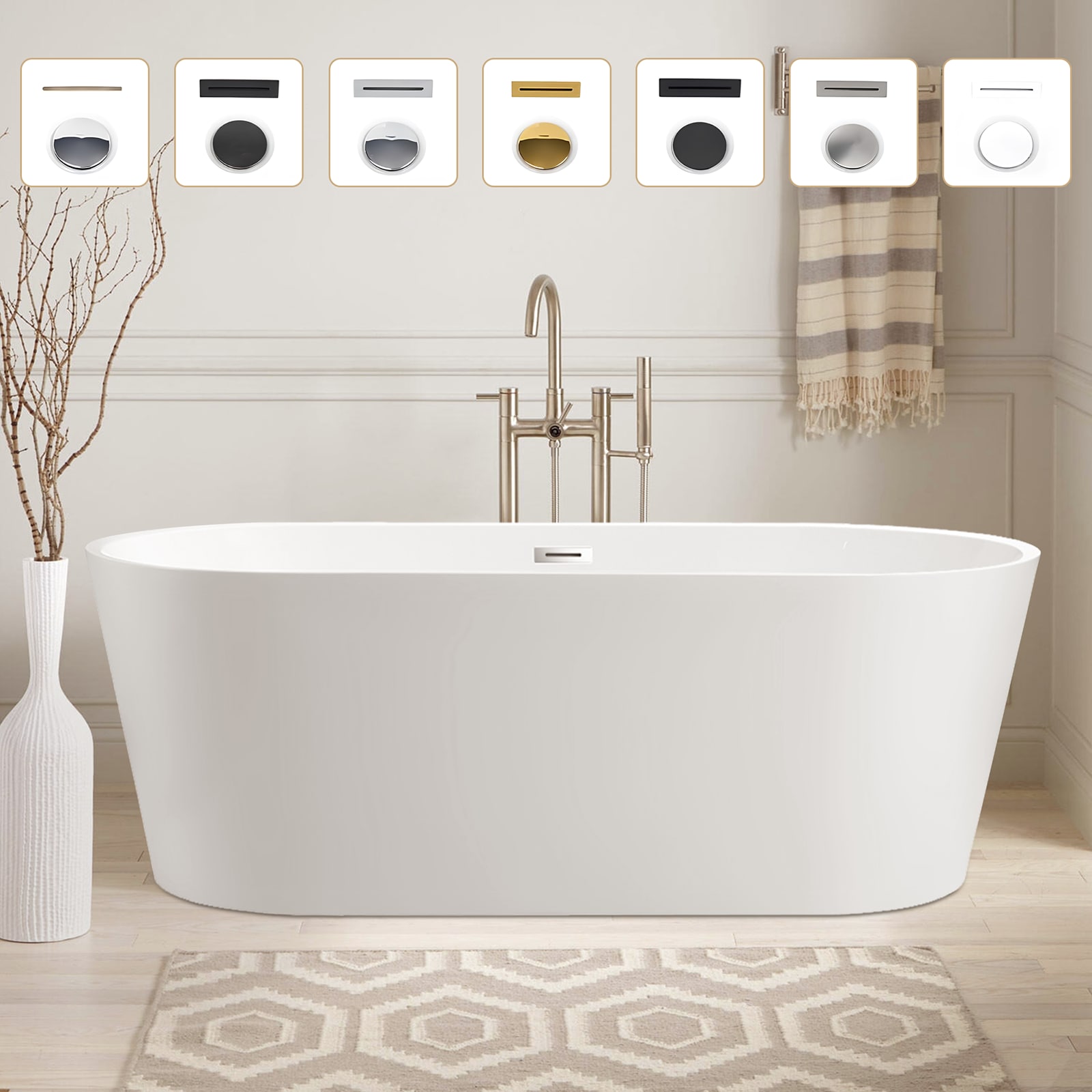 Vanity Art 29.5-in x 59-in White/Polished Chrome Acrylic Oval Freestanding Soaking bathtub ( Center Drain )