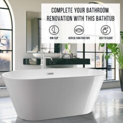 Vanity Art 29.5-in x 59-in White/Polished Chrome Acrylic Oval Freestanding Soaking bathtub ( Center Drain )