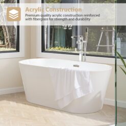 Vanity Art 29.5-in x 59-in White/Polished Chrome Acrylic Oval Freestanding Soaking bathtub ( Center Drain )