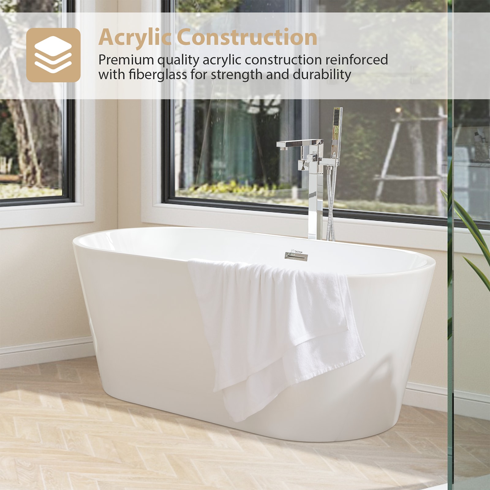 Vanity Art 29.5-in x 59-in White/Polished Chrome Acrylic Oval Freestanding Soaking bathtub ( Center Drain )