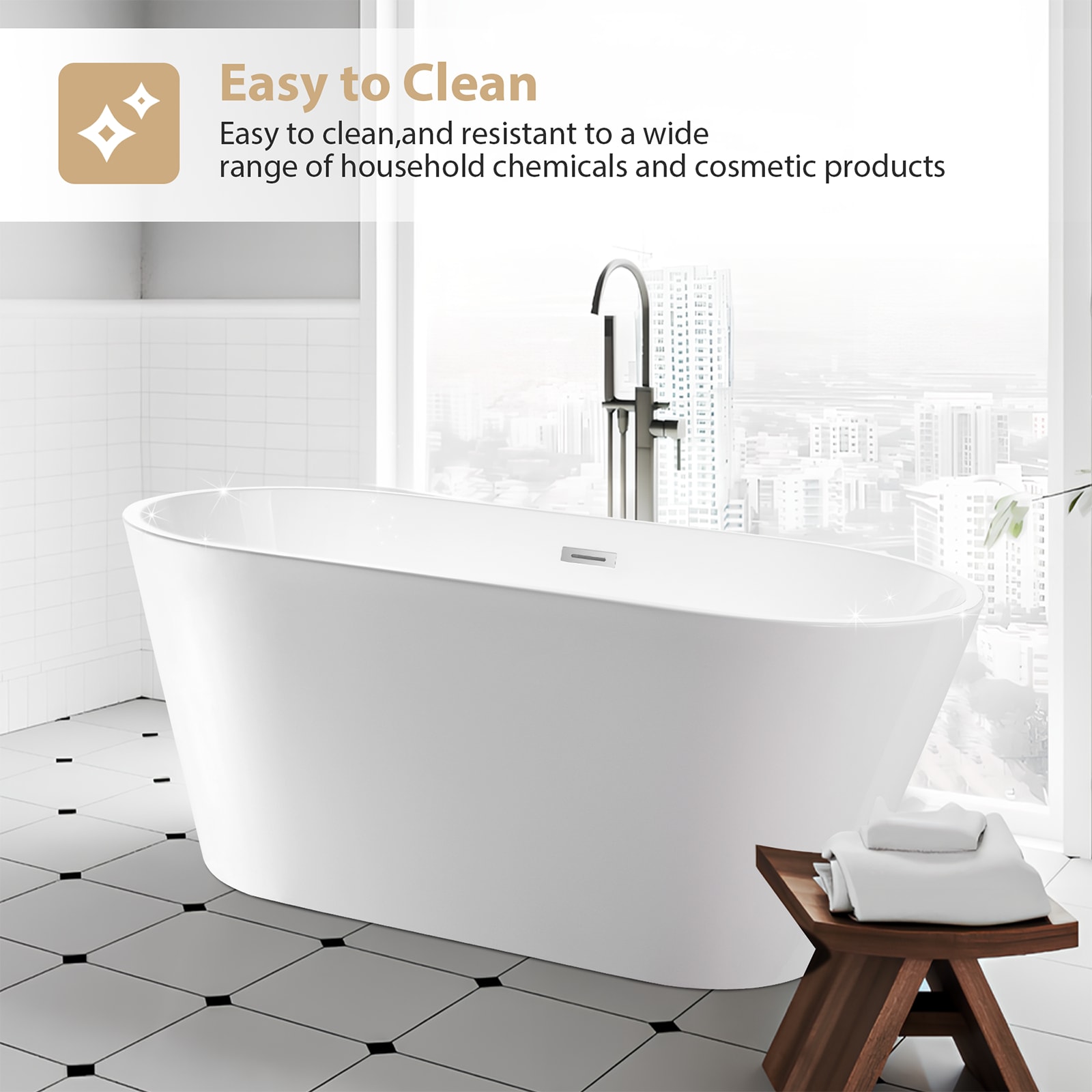 Vanity Art 29.5-in x 59-in White/Polished Chrome Acrylic Oval Freestanding Soaking bathtub ( Center Drain )