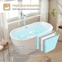 Vanity Art 29.5-in x 59-in White/Polished Chrome Acrylic Oval Freestanding Soaking bathtub ( Center Drain )