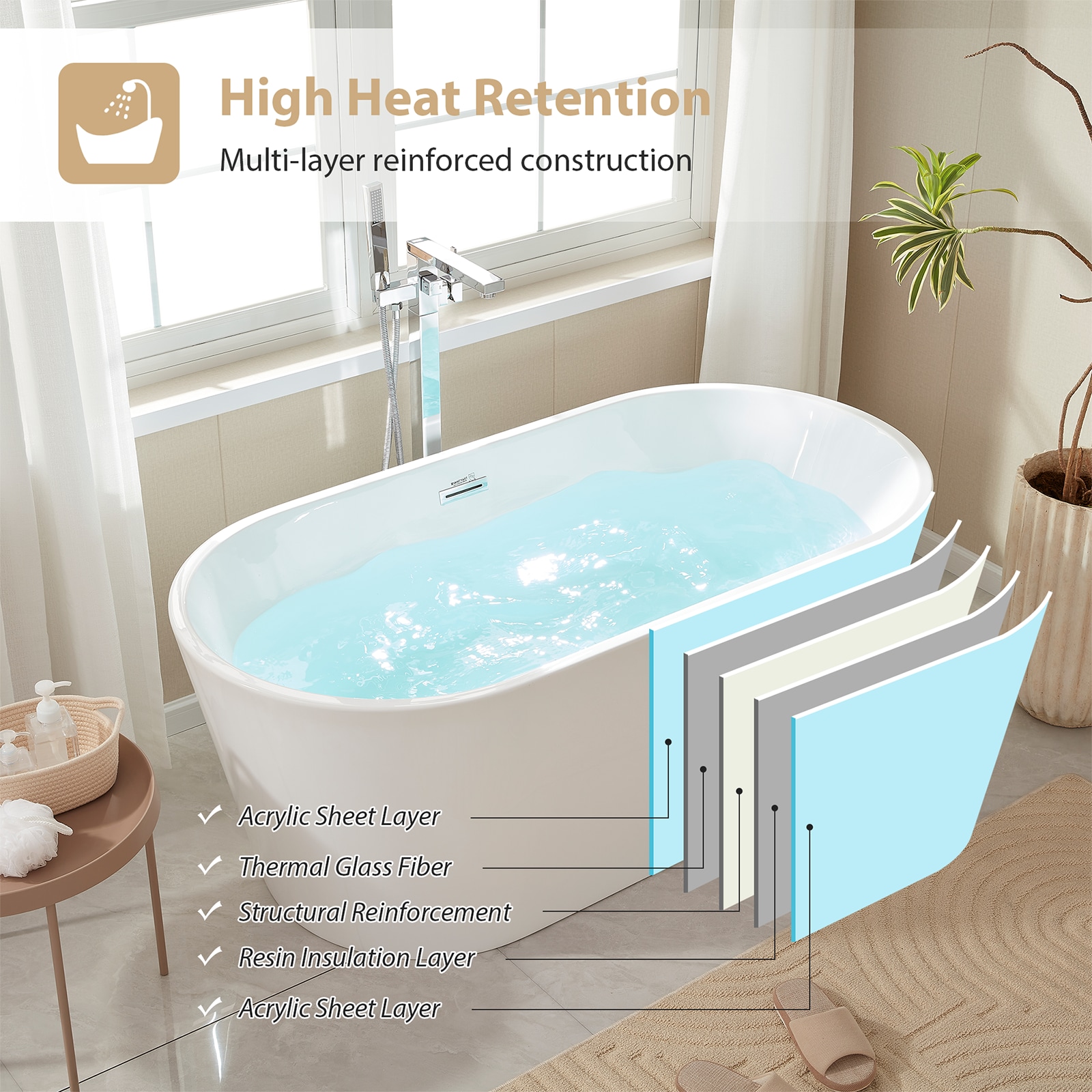 Vanity Art 29.5-in x 59-in White/Polished Chrome Acrylic Oval Freestanding Soaking bathtub ( Center Drain )