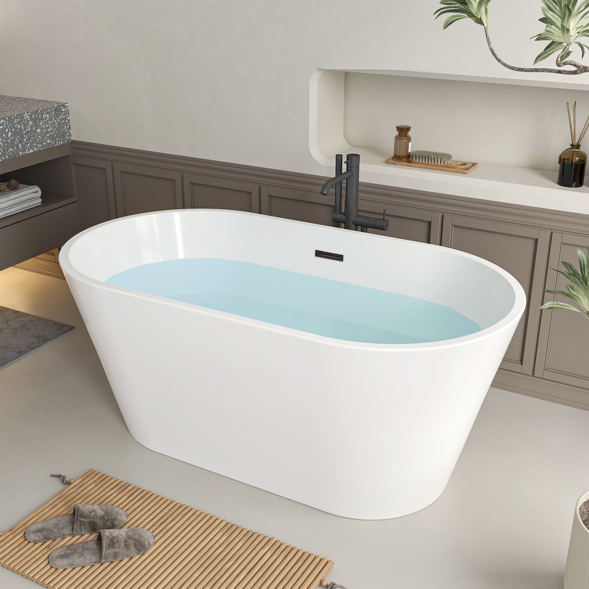 Vanity Art 29.5-in x 59-in White/Oil Rubbed Bronze Acrylic Oval Freestanding Soaking bathtub ( Center Drain )