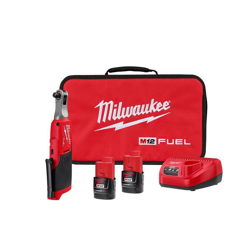 Milwaukee M12 FUEL 12V Lithium-Ion Brushless Cordless High Speed 3/8 in. Ratchet Kit w/(2) Batteries, Charger and Bag 2567-22