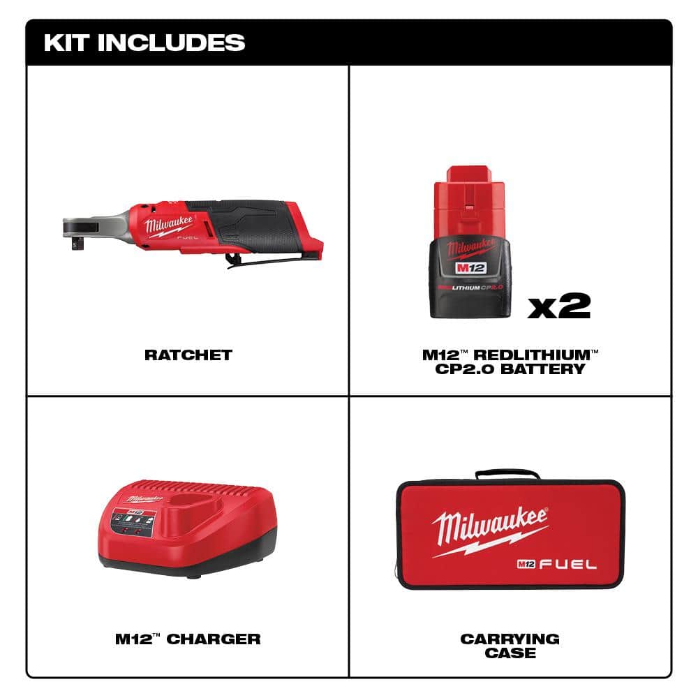 Milwaukee M12 FUEL 12V Lithium-Ion Brushless Cordless High Speed 3/8 in. Ratchet Kit w/(2) Batteries, Charger and Bag 2567-22