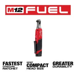 Milwaukee M12 FUEL 12V Lithium-Ion Brushless Cordless High Speed 3/8 in. Ratchet Kit w/(2) Batteries, Charger and Bag 2567-22