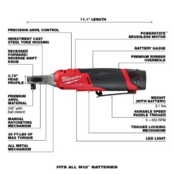 Milwaukee M12 FUEL 12V Lithium-Ion Brushless Cordless High Speed 3/8 in. Ratchet Kit w/(2) Batteries, Charger and Bag 2567-22