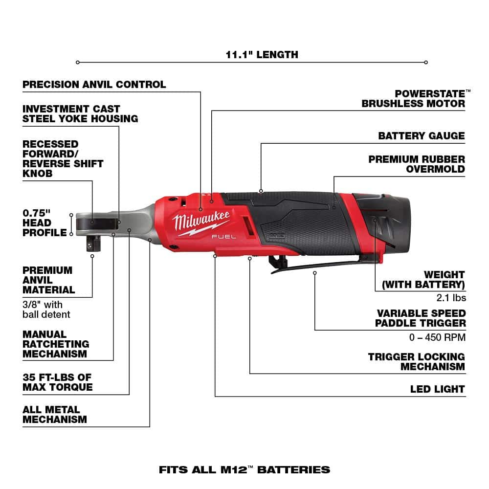 Milwaukee M12 FUEL 12V Lithium-Ion Brushless Cordless High Speed 3/8 in. Ratchet Kit w/(2) Batteries, Charger and Bag 2567-22