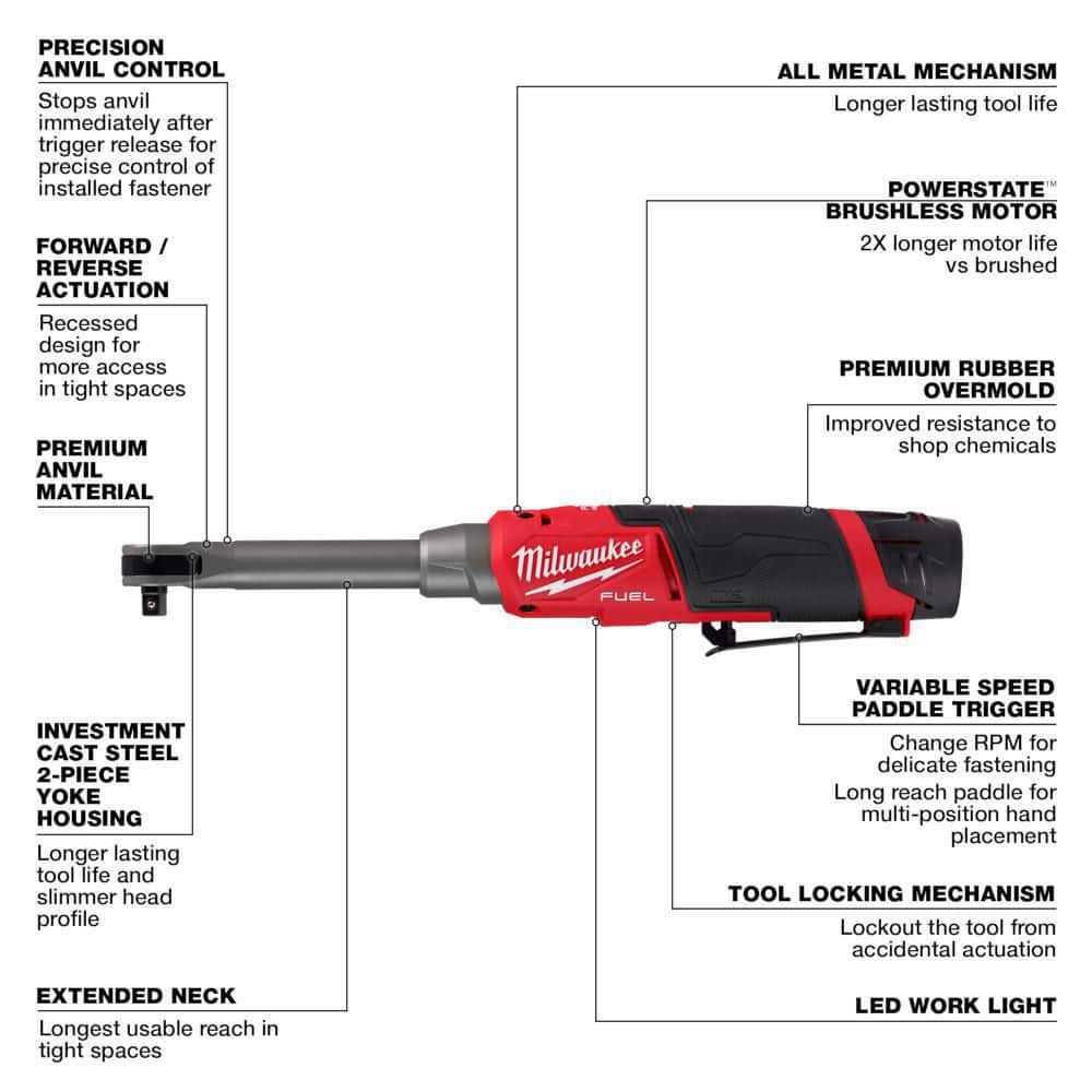 Milwaukee M12 FUEL 12V Lithium-Ion Brushless Cordless 3/8 in. Extended Reach High Speed Ratchet Kit 2569-21