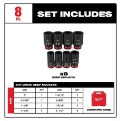 Milwaukee SHOCKWAVE 3/4 in. Drive SAE Deep Well Impact 6 Point Impact Socket Set (8-Piece) 49-66-7018
