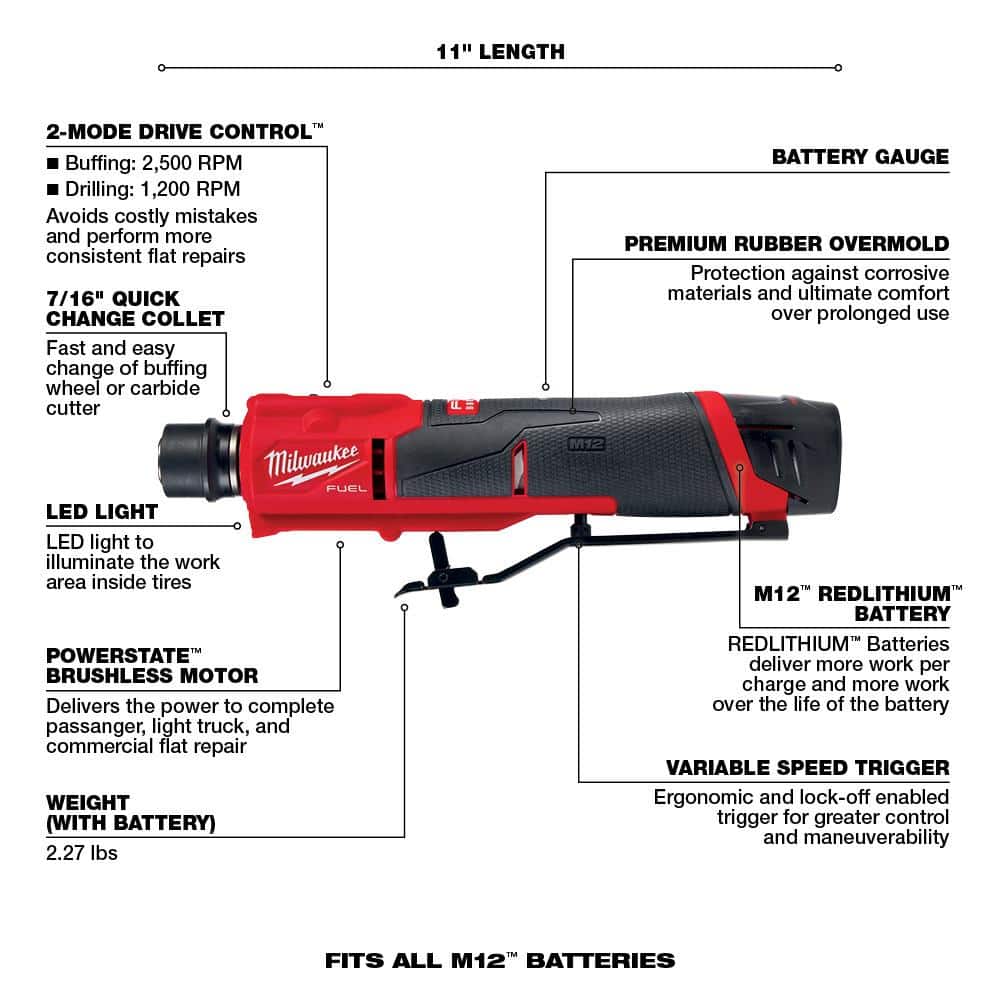 Milwaukee M12 FUEL 12V Lithium-Ion Brushless Low Speed Tire Buffer Kit with 4.0 Ah and 2.0 Ah Battery and Bag 2409-22