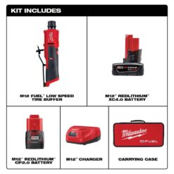 Milwaukee M12 FUEL 12V Lithium-Ion Brushless Low Speed Tire Buffer Kit with 4.0 Ah and 2.0 Ah Battery and Bag 2409-22