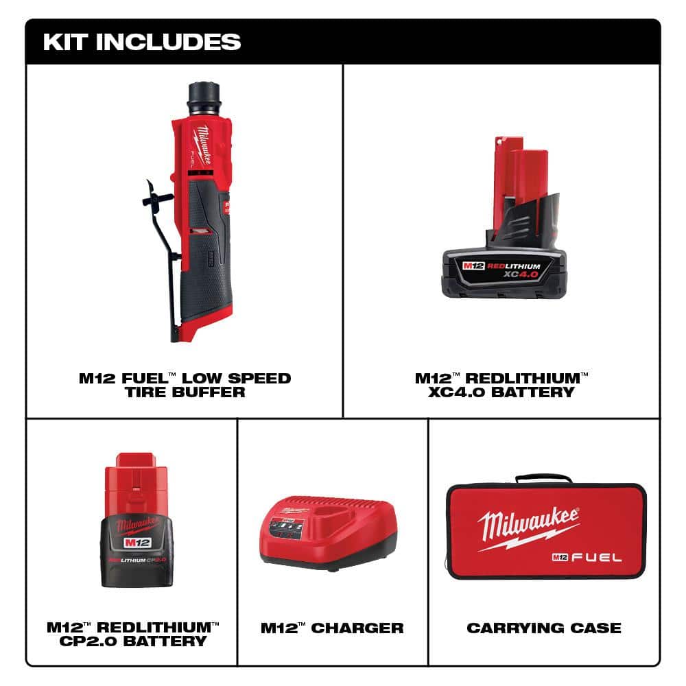 Milwaukee M12 FUEL 12V Lithium-Ion Brushless Low Speed Tire Buffer Kit with 4.0 Ah and 2.0 Ah Battery and Bag 2409-22