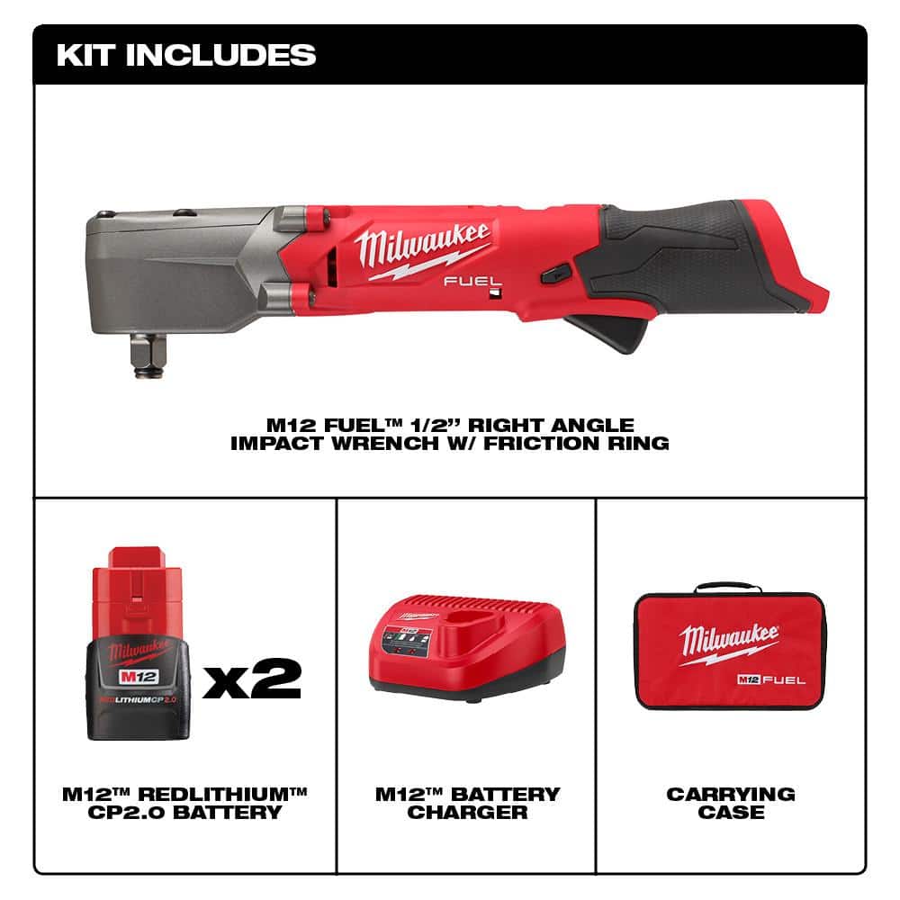 Milwaukee M12 FUEL 12V Lithium-Ion Brushless Cordless 1/2 in. Right Angle Impact Wrench Kit with Two 2.0 Ah Batteries 2565-22