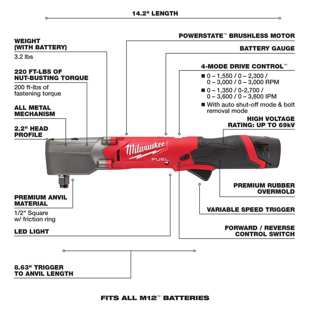 Milwaukee M12 FUEL 12V Lithium-Ion Brushless Cordless 1/2 in. Right Angle Impact Wrench Kit with Two 2.0 Ah Batteries 2565-22