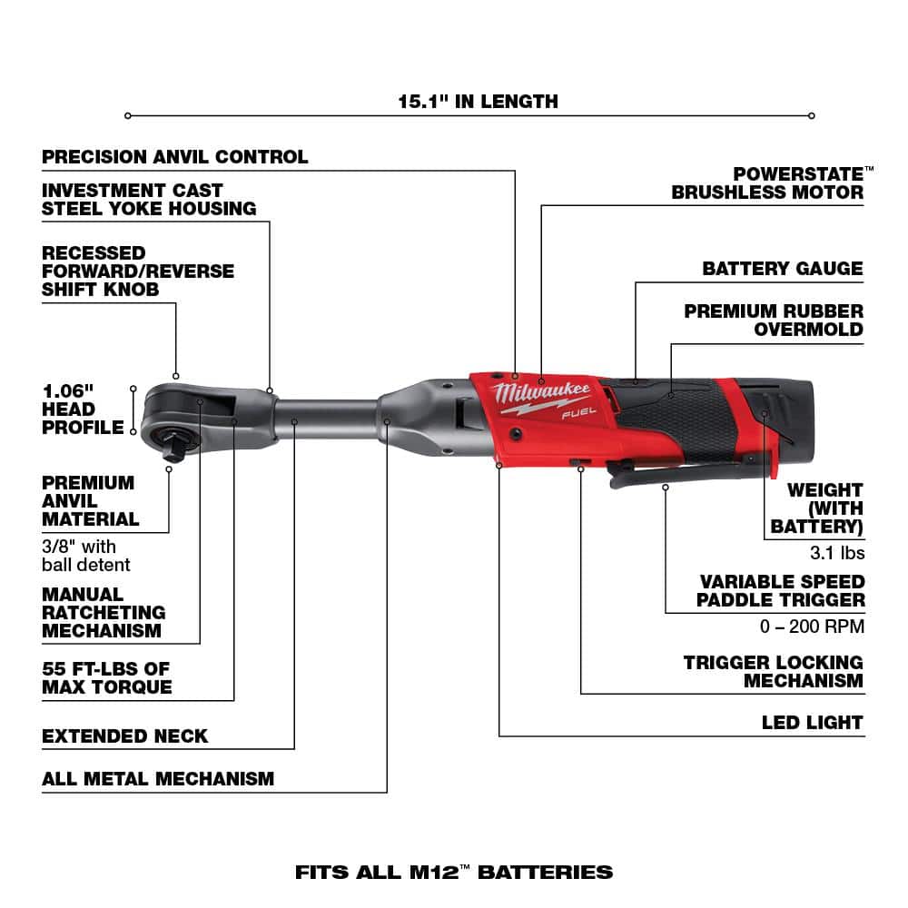 Milwaukee M12 FUEL 12V Lithium-Ion Brushless Cordless 3/8 in. Extended Reach Ratchet Kit with One 2.0 Ah Batteries 2560-21