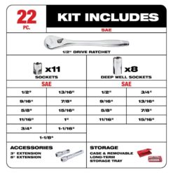 Milwaukee 1/2 in. Drive SAE Ratchet and Socket Mechanics Tool Set (22-Piece) 48-22-9410
