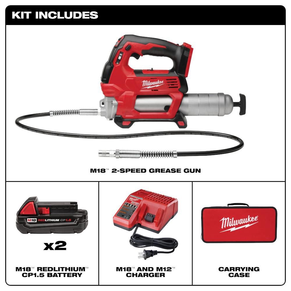 Milwaukee M18 18V Lithium-Ion Cordless Grease Gun 2-Speed with (2) 1.5Ah Batteries, Charger, Tool Bag 2646-22CT