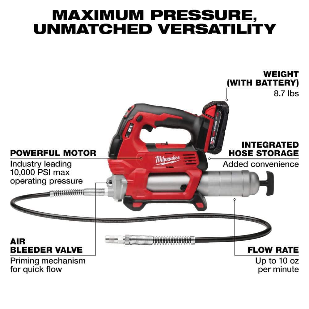 Milwaukee M18 18V Lithium-Ion Cordless Grease Gun 2-Speed with (2) 1.5Ah Batteries, Charger, Tool Bag 2646-22CT