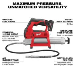 Milwaukee M12 12V Lithium-Ion Cordless Grease Gun Kit with One 3.0 Ah Battery, Charger and Tool Bag 2446-21XC