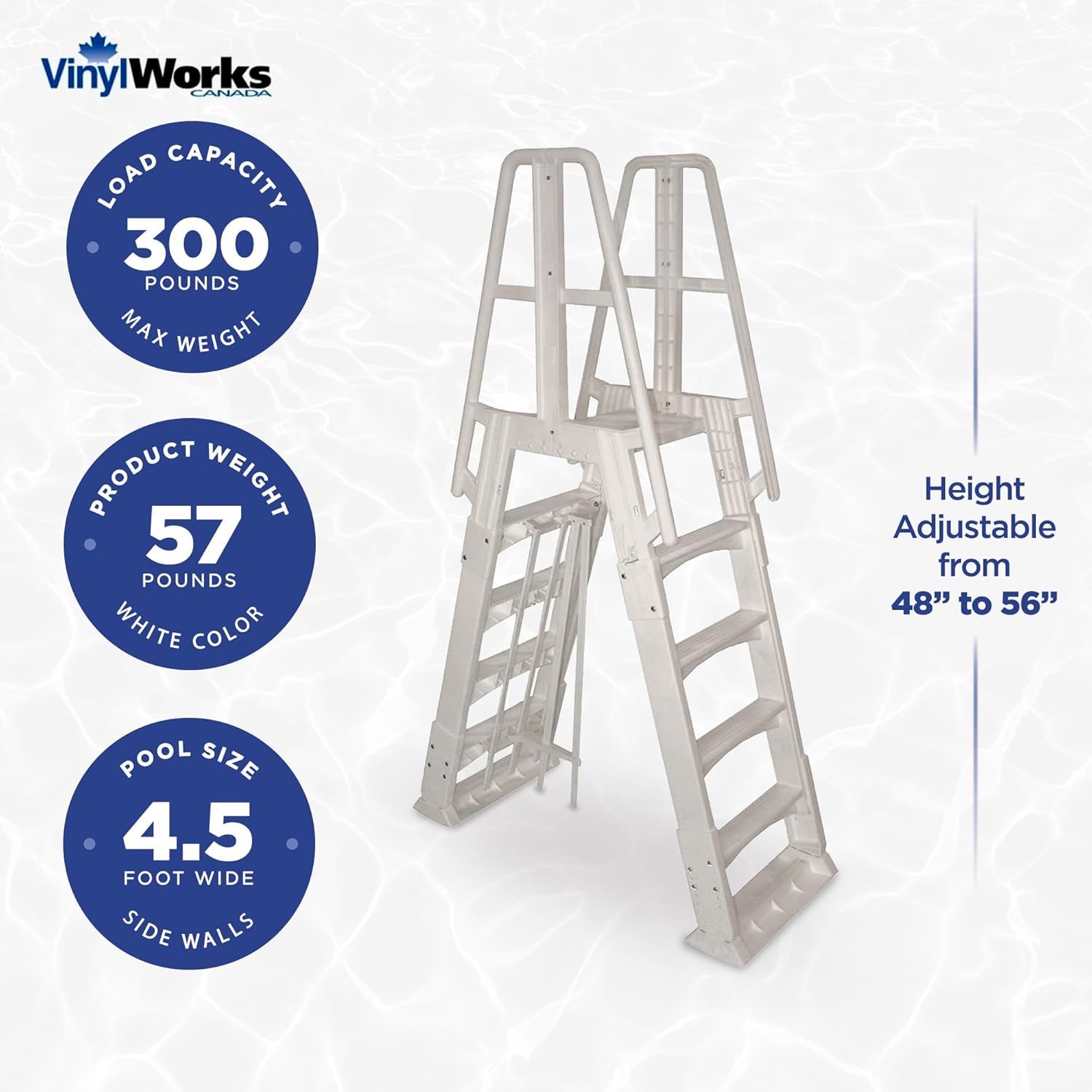 Vinyl Works SLA A-Frame 48 to 56 Inch Adjustable Above Ground Swimming Pool Ladder Entry System, White
