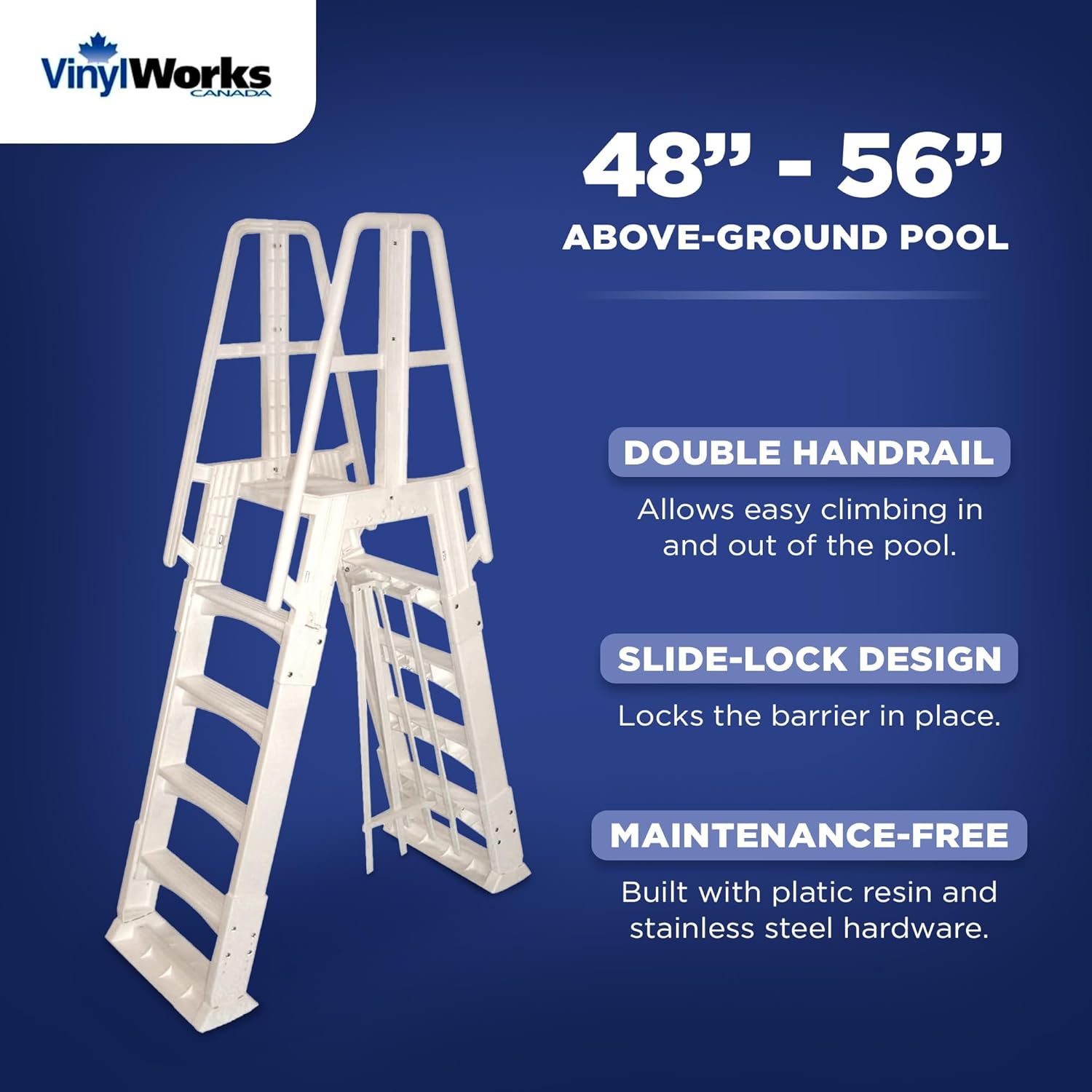 Vinyl Works SLA A-Frame 48 to 56 Inch Adjustable Above Ground Swimming Pool Ladder Entry System, White