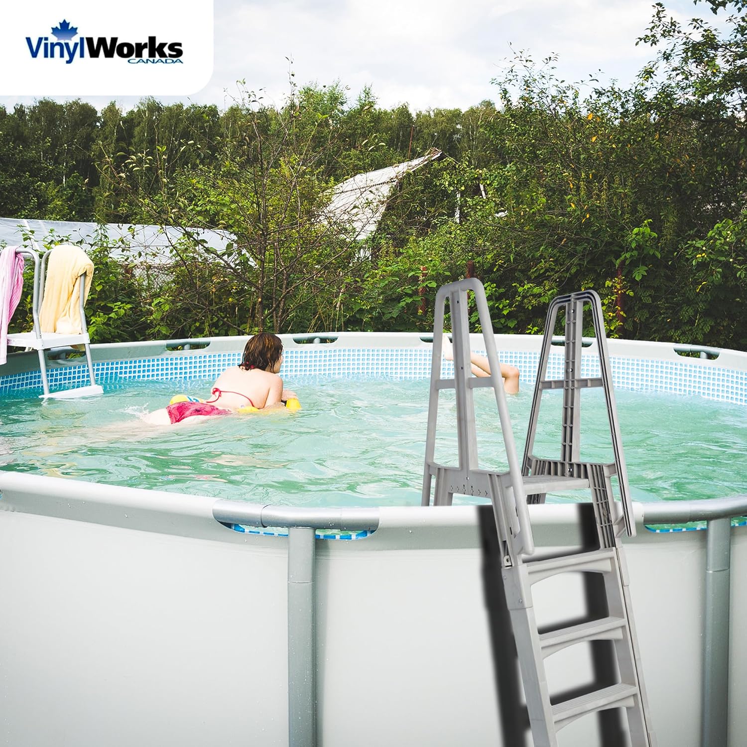 Vinyl Works SLA A-Frame 48 to 56 Inch Adjustable Above Ground Swimming Pool Ladder Entry System, White