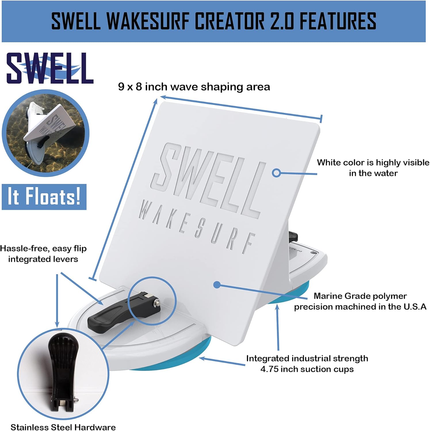 SWELL Wakesurf Creator 2.0 Surfing Wavesurf Shaper - Wave Generator - Wake Gate - Surf Gate - Floating - Durable