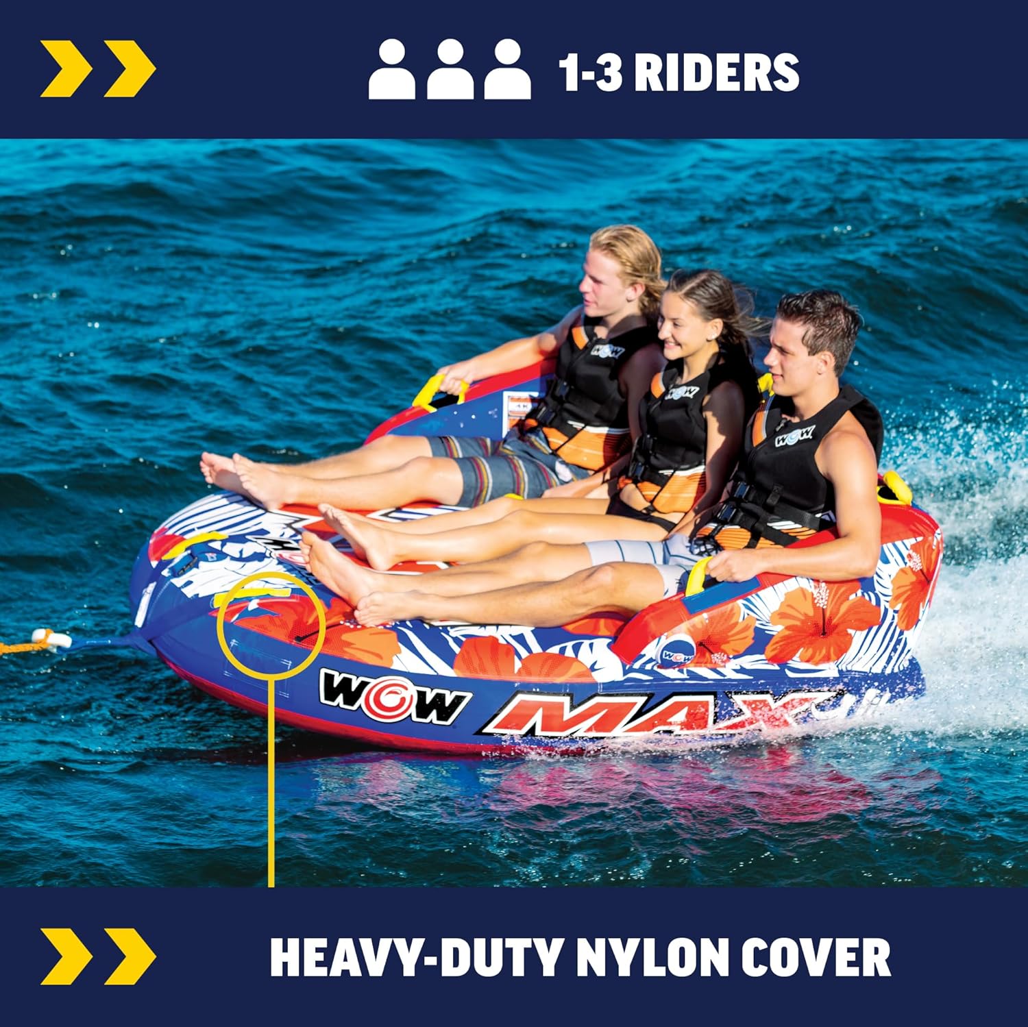 WOW Sports - Max Vibes Inflatable Towable Tube - 1-3 Rider - Perfect for Kids & Adults - Soft Top Deck Tube - Boating Accessory